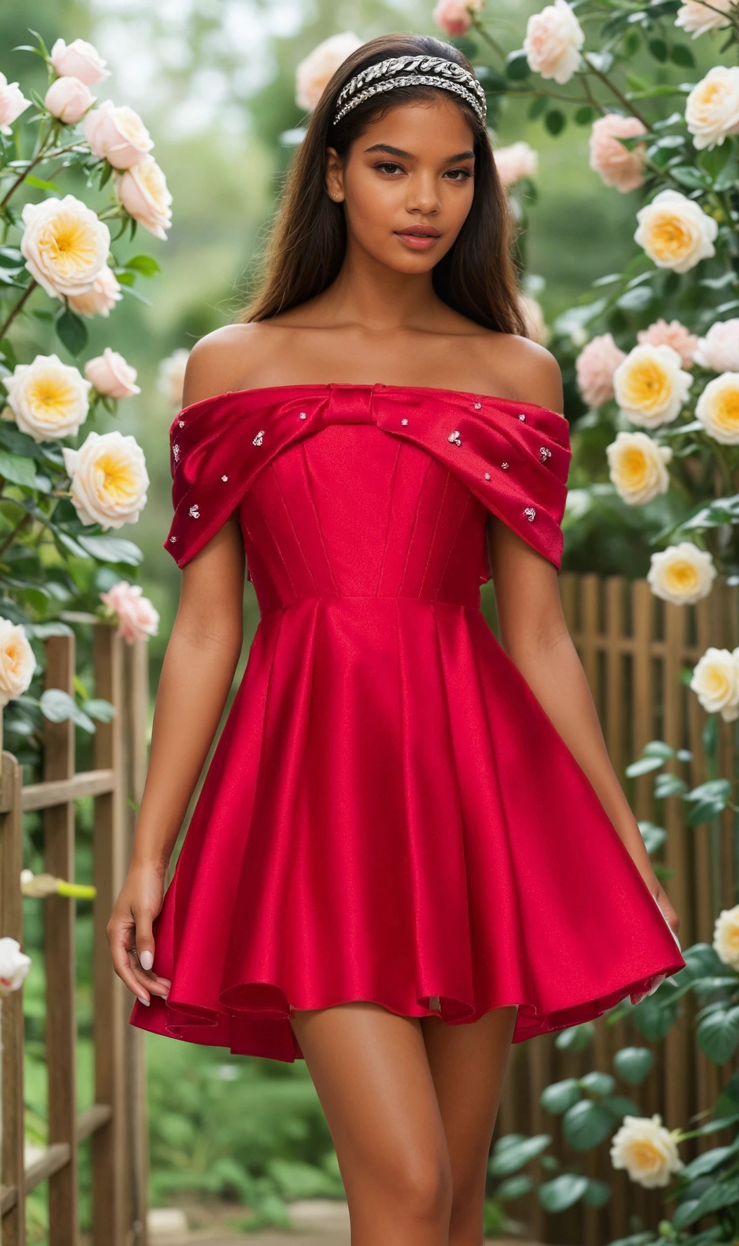 Woman wearing a red off-shoulder dress with floral embellishments in a garden setting.